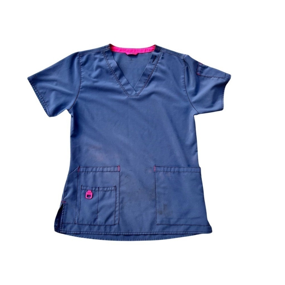 Carhartt Scrub Top Womens Small Gray V-Neck Short Sleeve 3 Pocket Pink